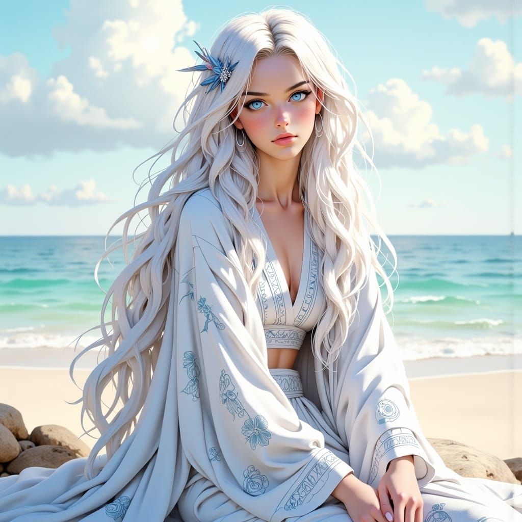 Serene Beauty on Pastel Beach in Anime Style