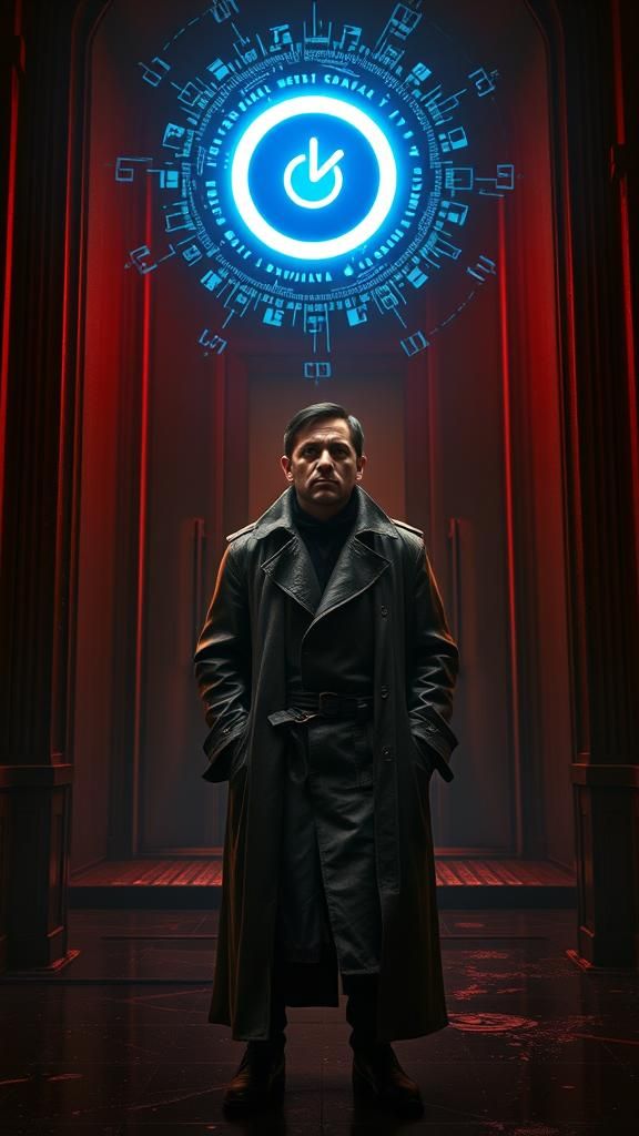 Bewildered Figure Under Loading Symbol in Cyberpunk Style