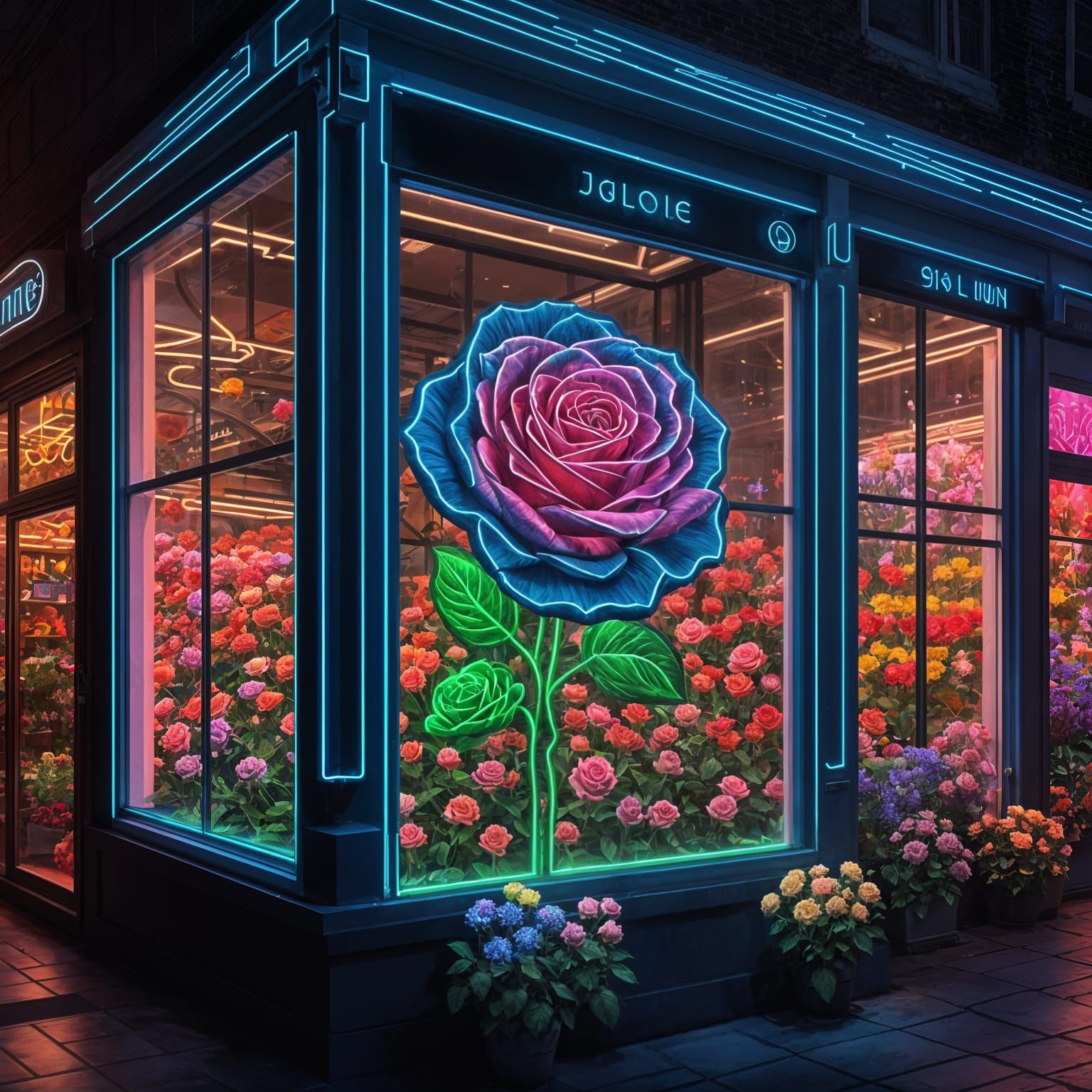 Neon Rose in Flower Shop Window at Night