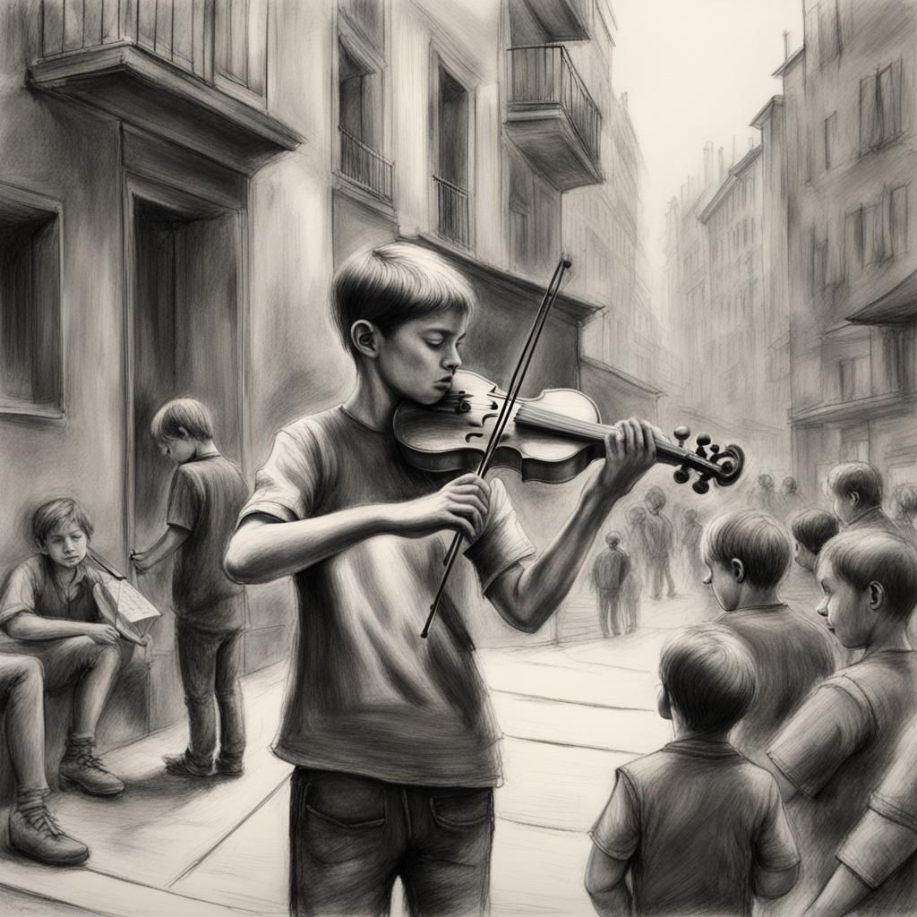 Boy Plays Violin: Hyperdetailed Charcoal Drawing