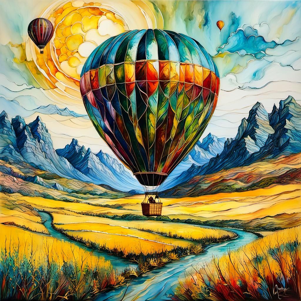 Encaustic Hot Air Balloon in Flowing Alcohol Ink Style