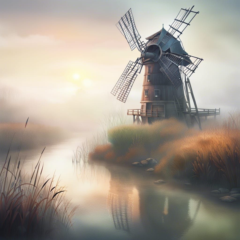 Derelict Windmill by River in Fog: Hyperrealistic Splash Art