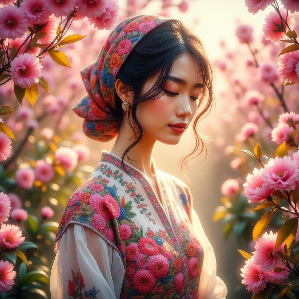 Woman in Folk Attire Amid Cherry Blossoms