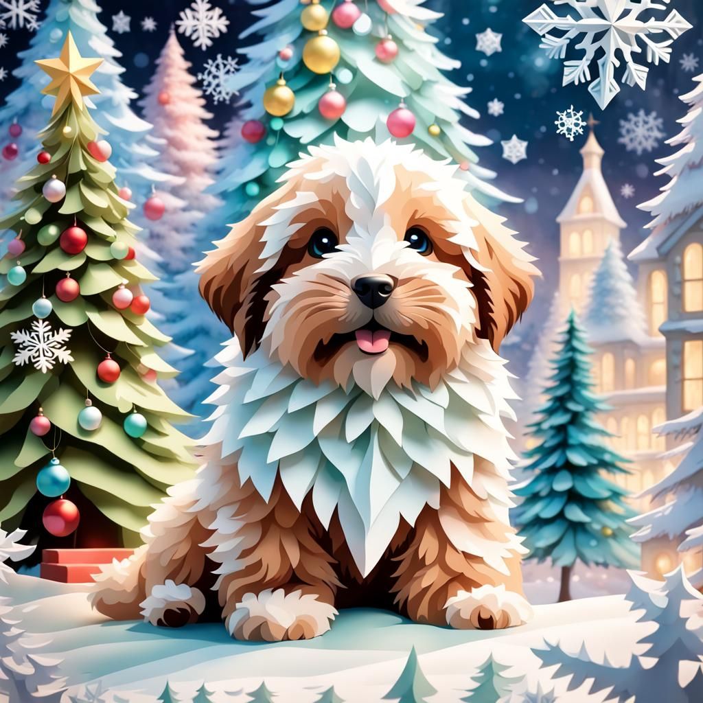 Festive 3D Paper Christmas Scene with Puppy