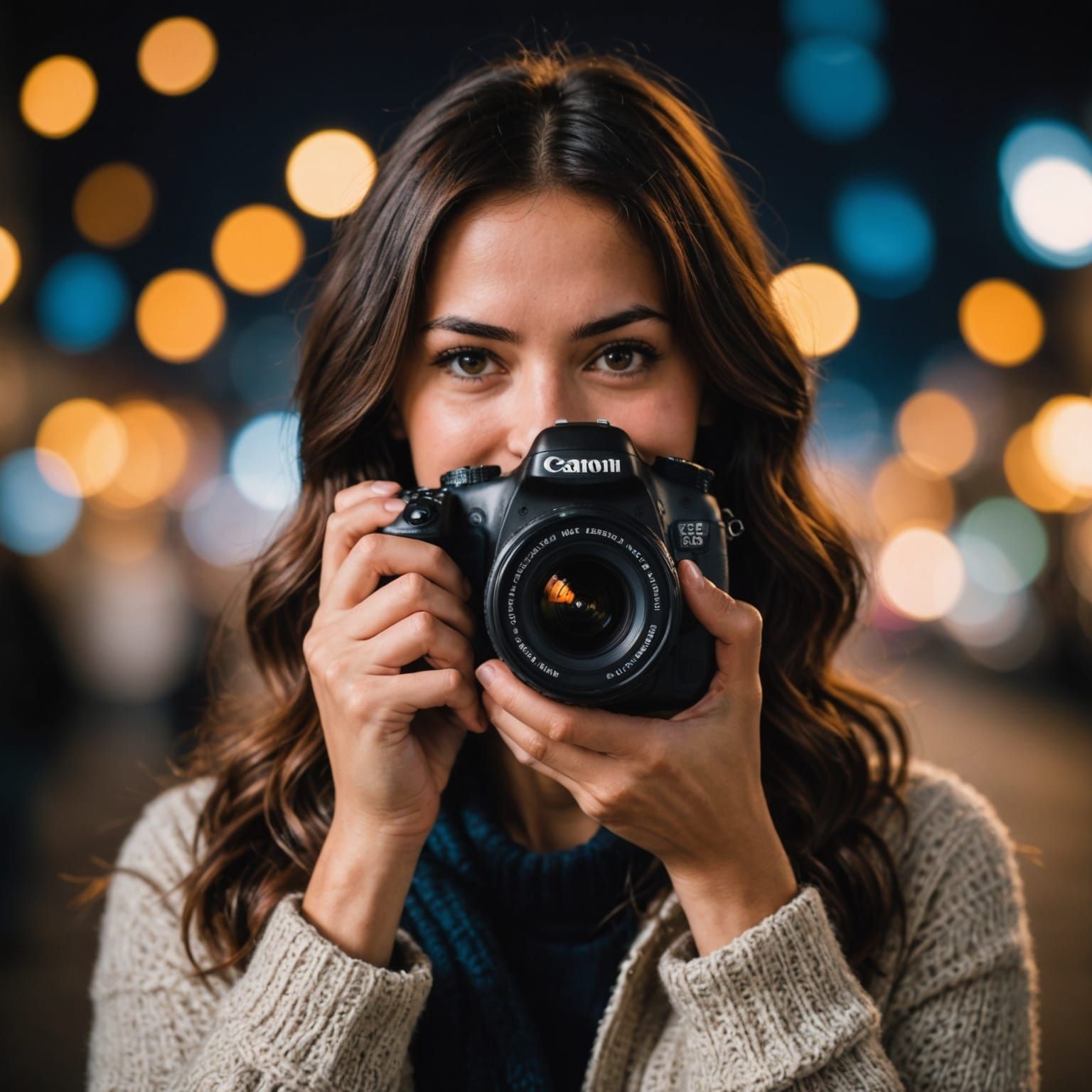 Person Smiling and Holding Camera: Professional Photo