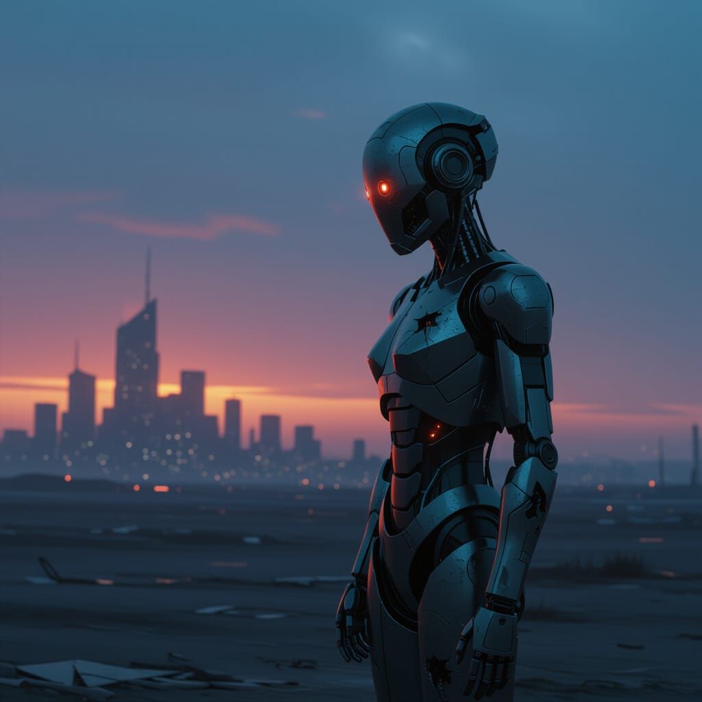 Android Gazes at Shattered Cityscape in Twilight