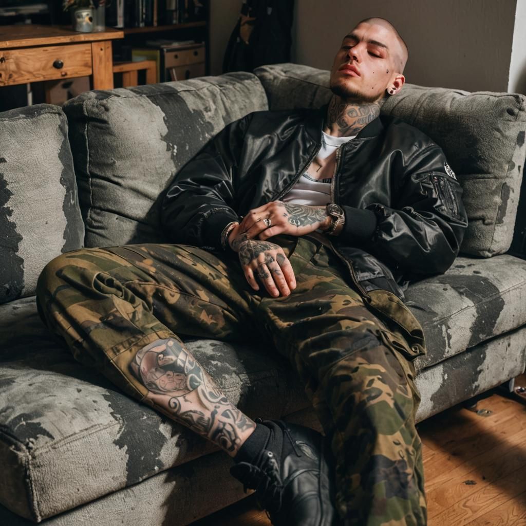 Tattooed Man Asleep on Sofa