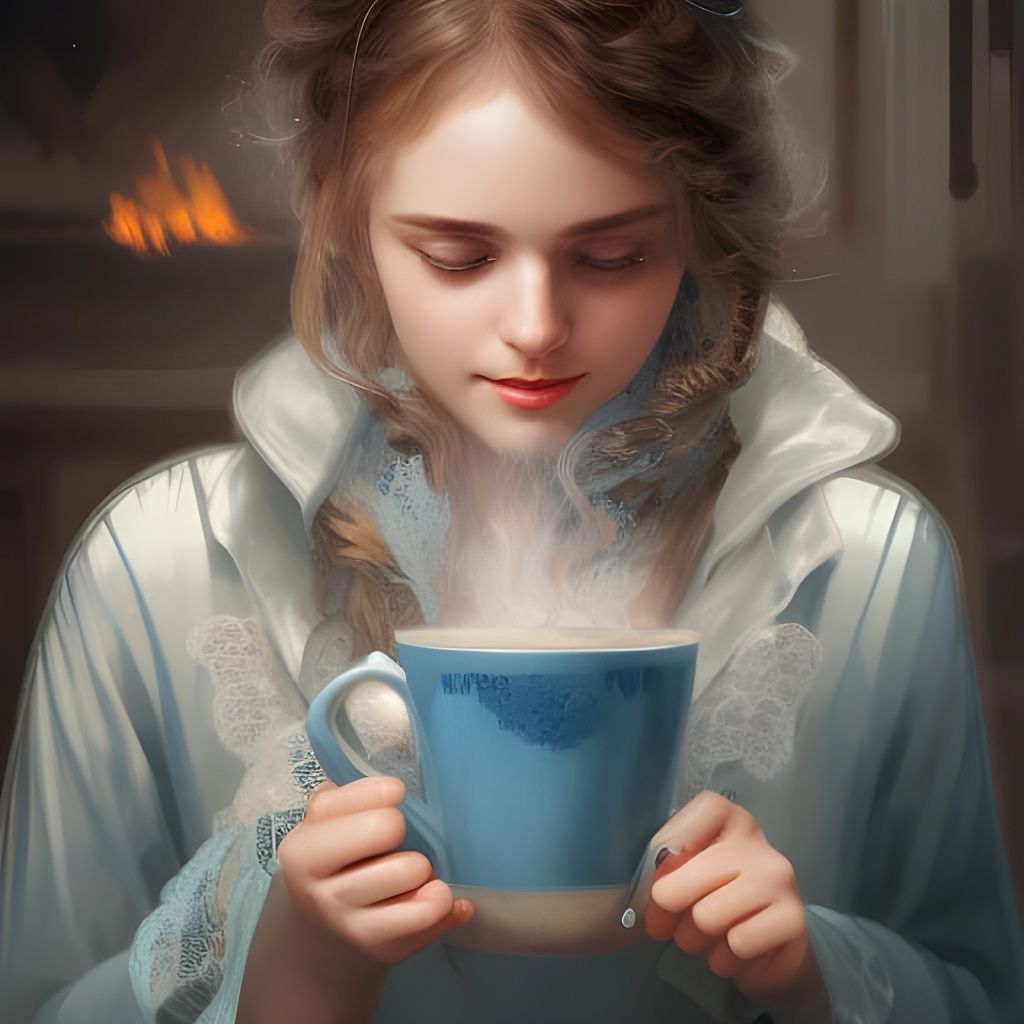 Cozy Girl Enjoying Cocoa: Hyperdetailed Portrait
