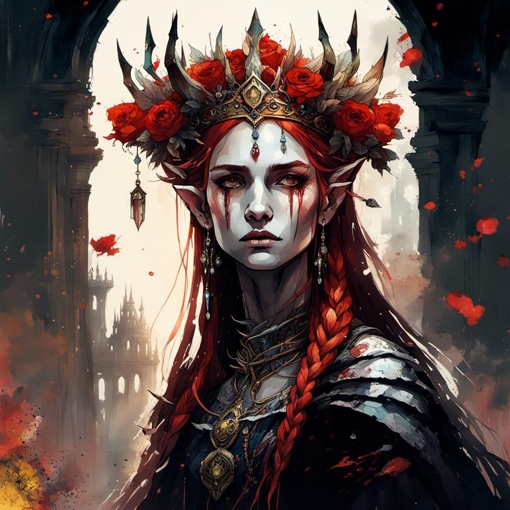Gothic Elf Queen in Sunlight, Impasto Gouache Style