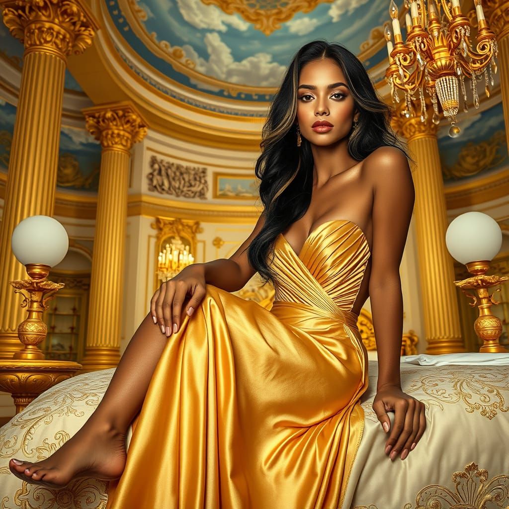 Elegant Latina Woman in Gold Gown in Opulent Palace