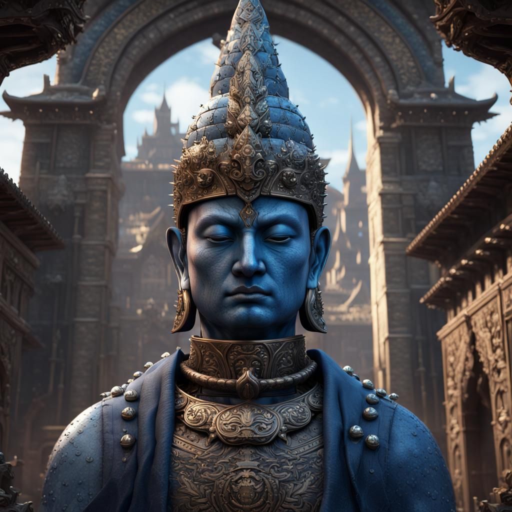 Blue Buddha Warrior in Medieval City, Dark Fantasy Art