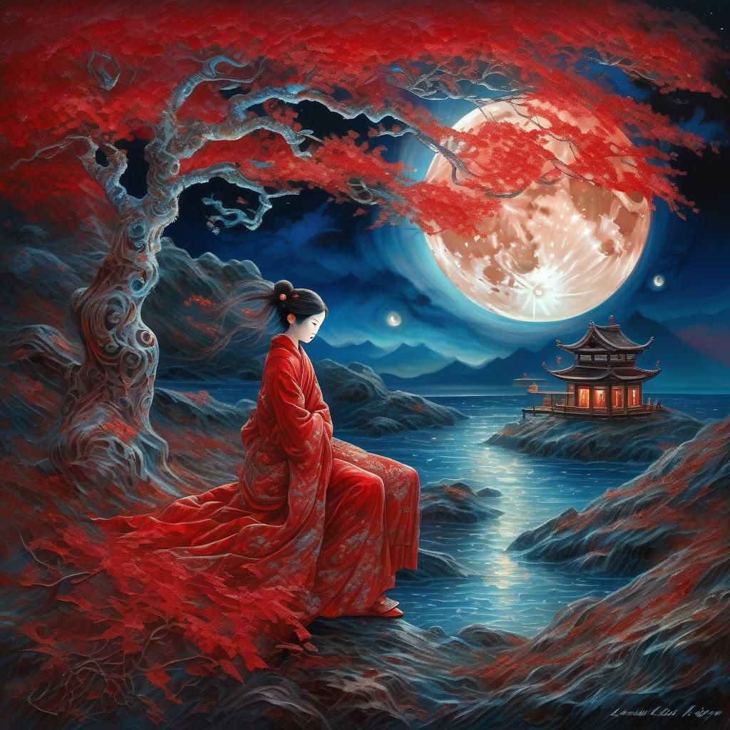 Maple Tree and Moon Symbiosis in Marine Night