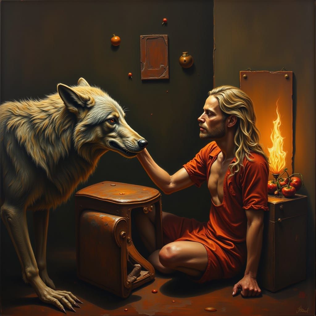 Man and Wolf Play in Living Room, Painterly Style
