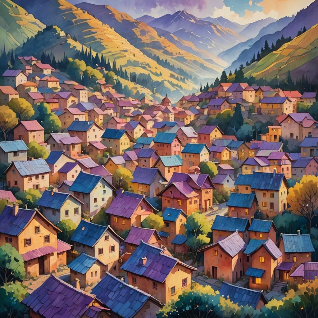 Mountain Village in Gouache Watercolor Concept Art