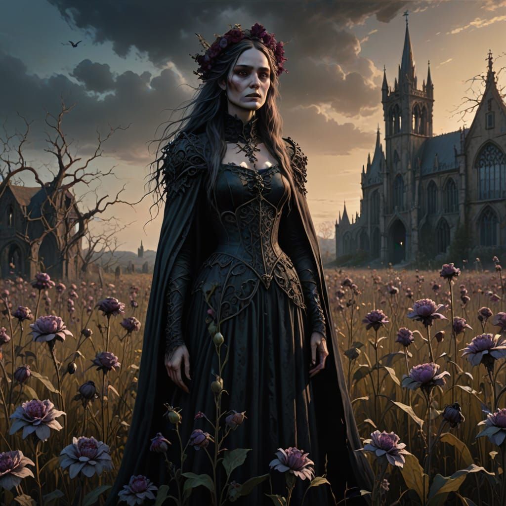 Majestic Lady Over Gothic Flowers in Cinematic Light