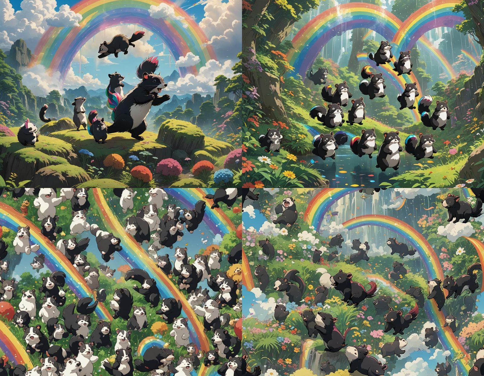 Rainbow Vapor Skunk Bears in Anime Style
