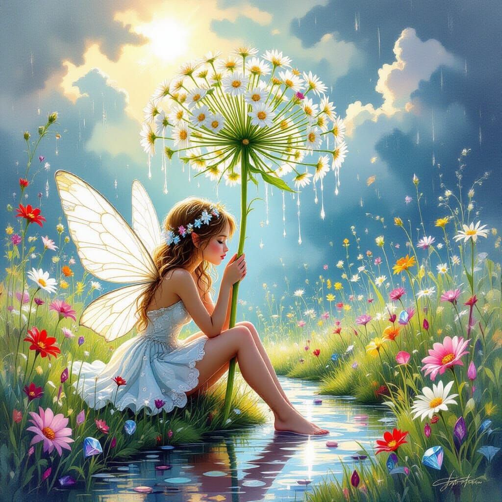 Ethereal Fairy Under Hogweed in Watercolor-Oil Style