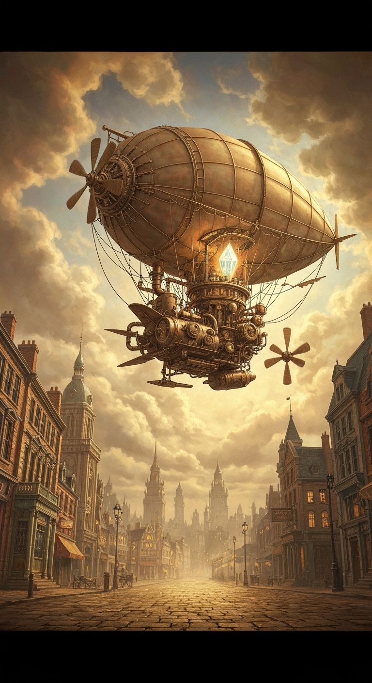 Steampunk Airship Soaring Above Victorian City