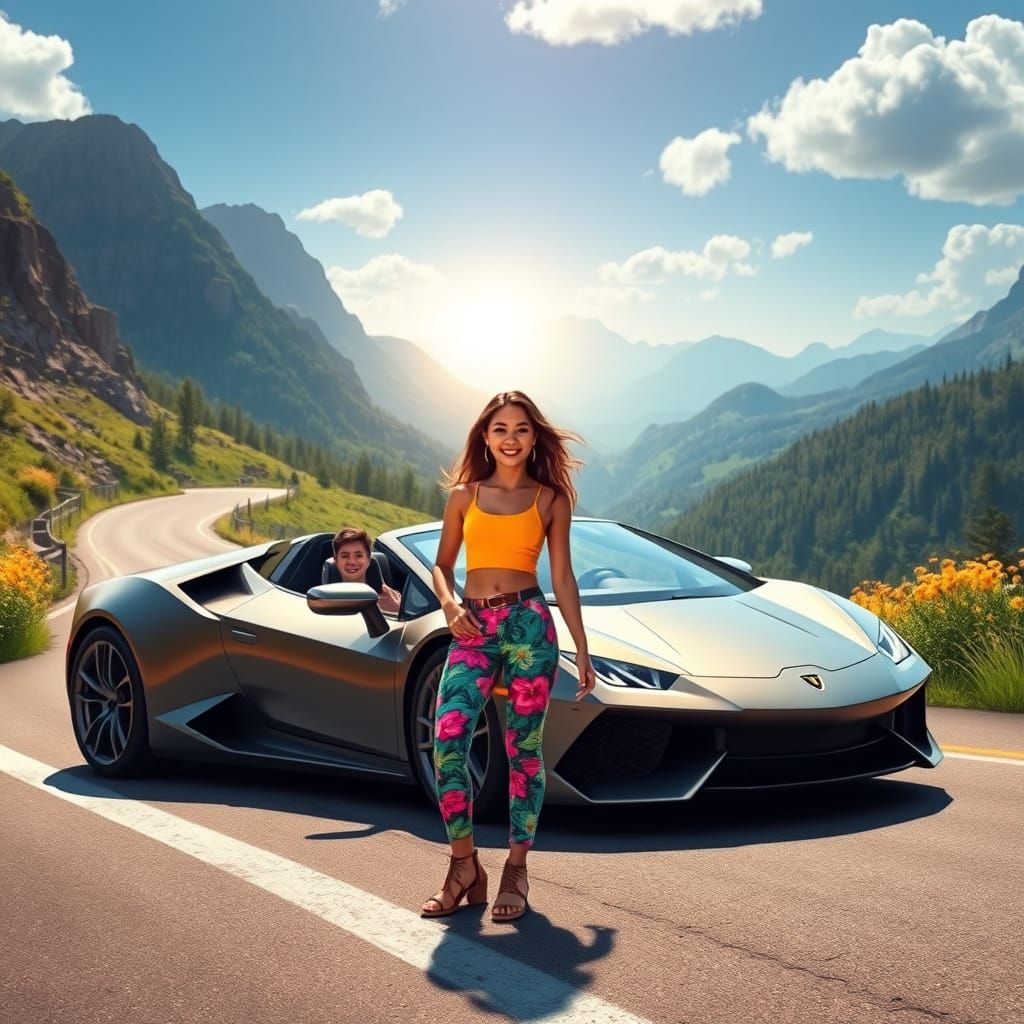 Vibrant Summer Escape with Sports Car and Lush Mountains