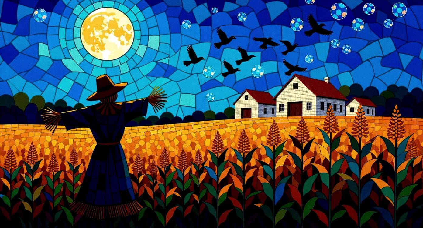 Nighttime Fall Farm Scene with Scarecrow and Bubbles in Mosa...