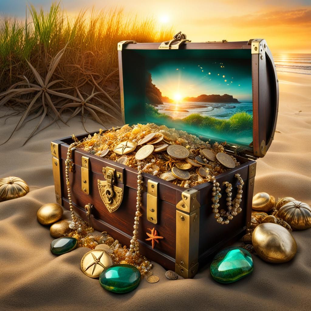Sunlit Treasure Chest on Ocean Shore