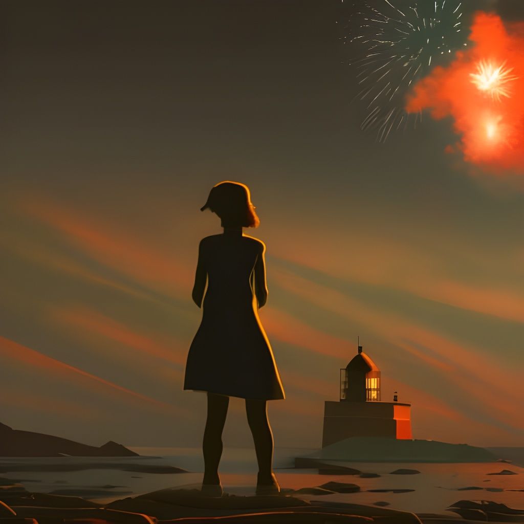 Teenagers Watch Fireworks UFO in Art Nouveau Style