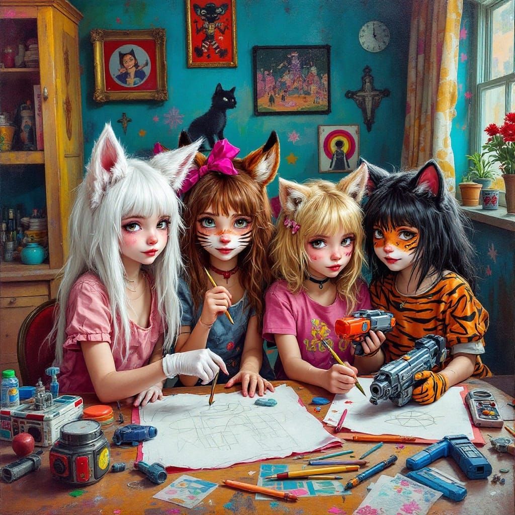 Whimsical Dark Fantasy Girls in Playful Oil Paint Style