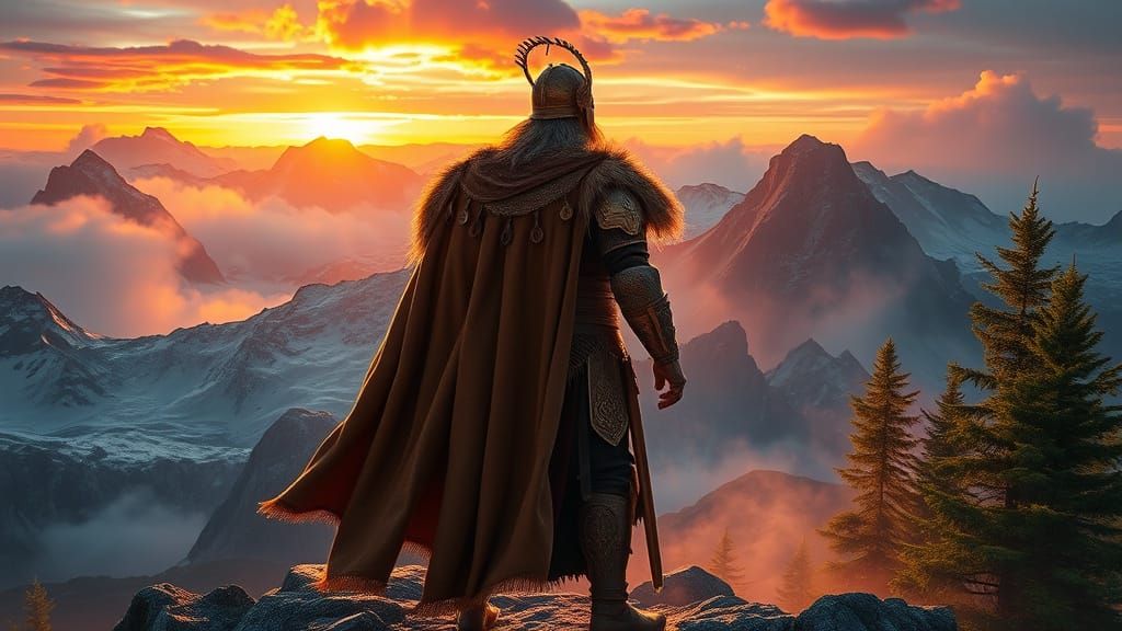 Viking King in Golden Armor Stands Victorious on Mountain Pe...