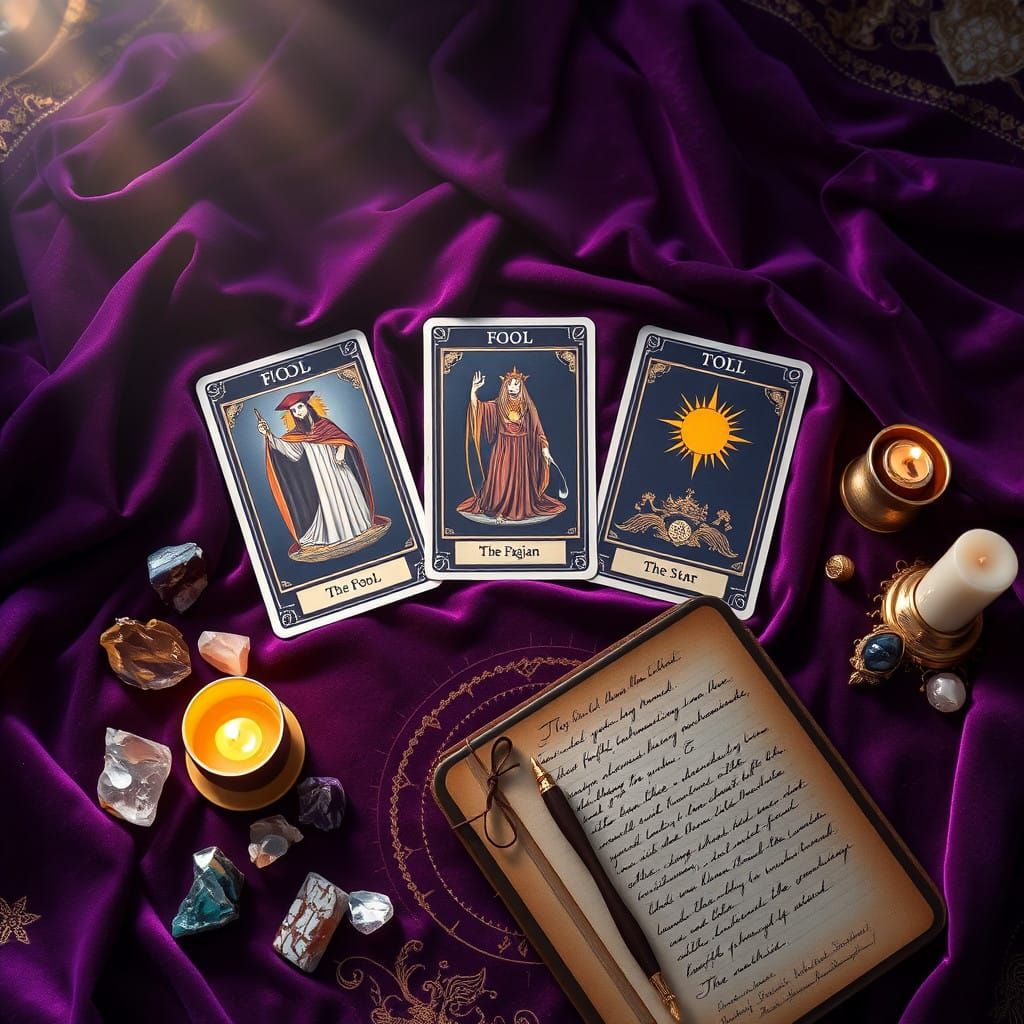 Majestic Tarot Card Spread on Velvet Cloth in Golden Embroid...