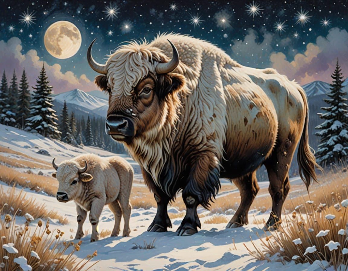 Dreamy White Buffalo Family in Whimsical Snowy Meadow, Textu...
