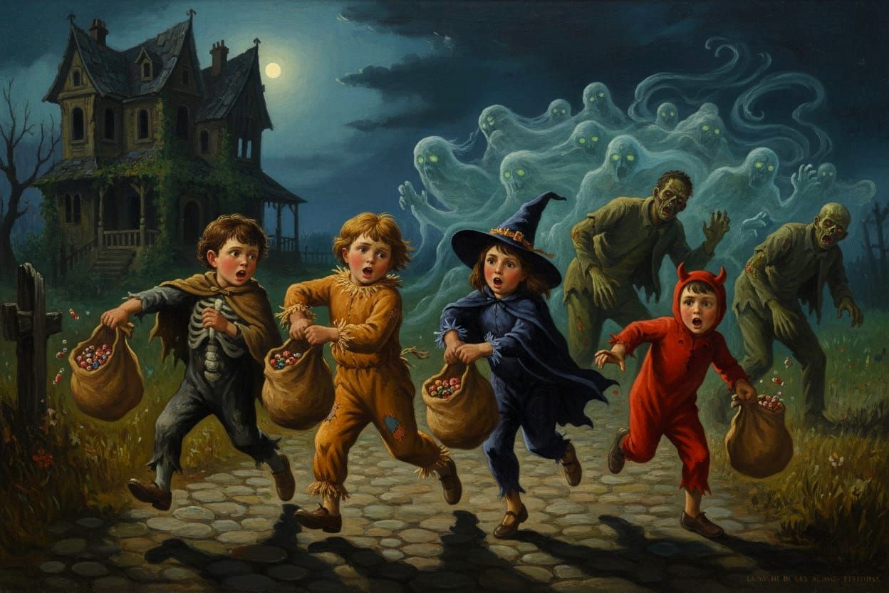 Halloween Children Flee Spooky Creatures Oil Painting