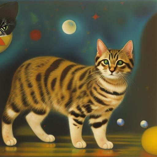 Biopunk Cat in Style of Woodblock Print and Surrealism