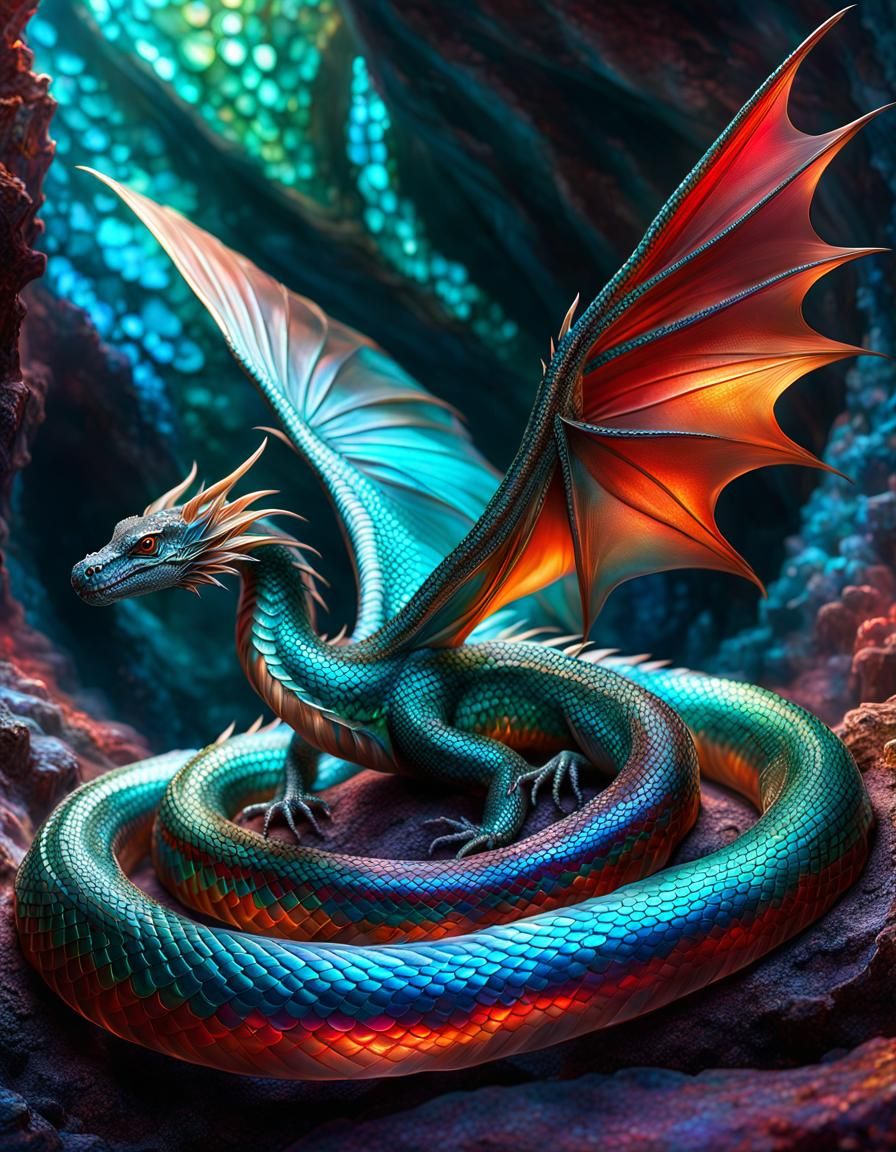 Winged Dragon Snake in Crystal Cave: Fantasy Art