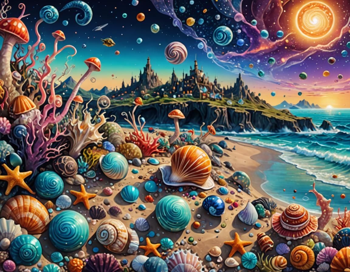 Surreal Shore Landscape with Exotic Sea Creatures