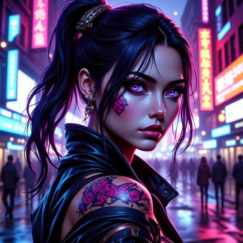 Cyberpunk Woman with Violet Eyes and Tribal Tattoos in Neon ...