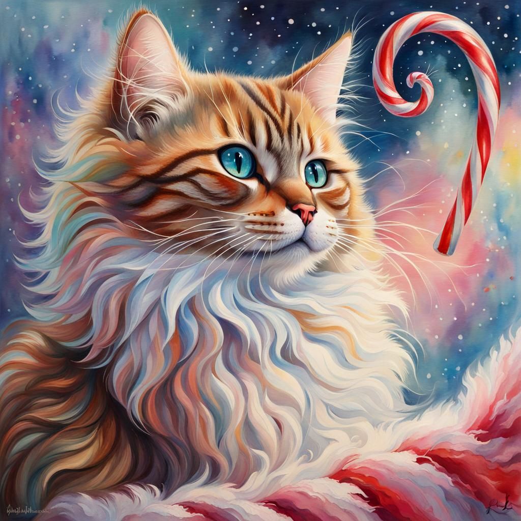 Fluffy Cat on Candy Cane in Watercolor Style
