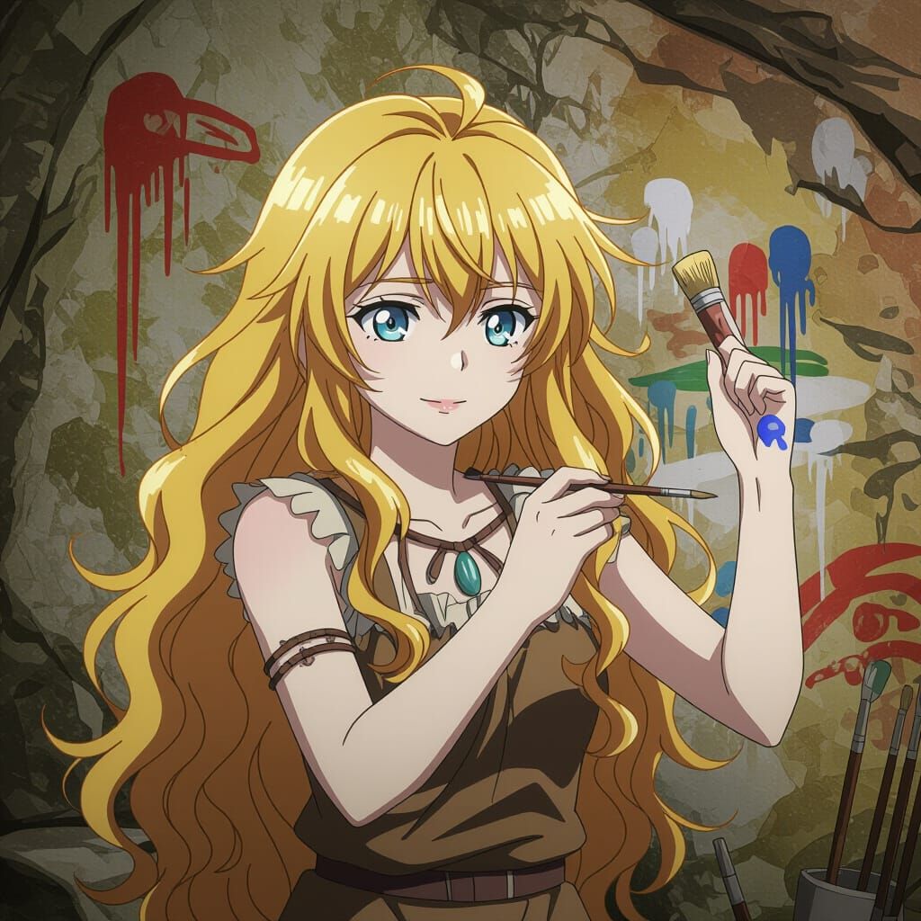 Prehistoric Anime Girl Paints Cave Wall Portrait