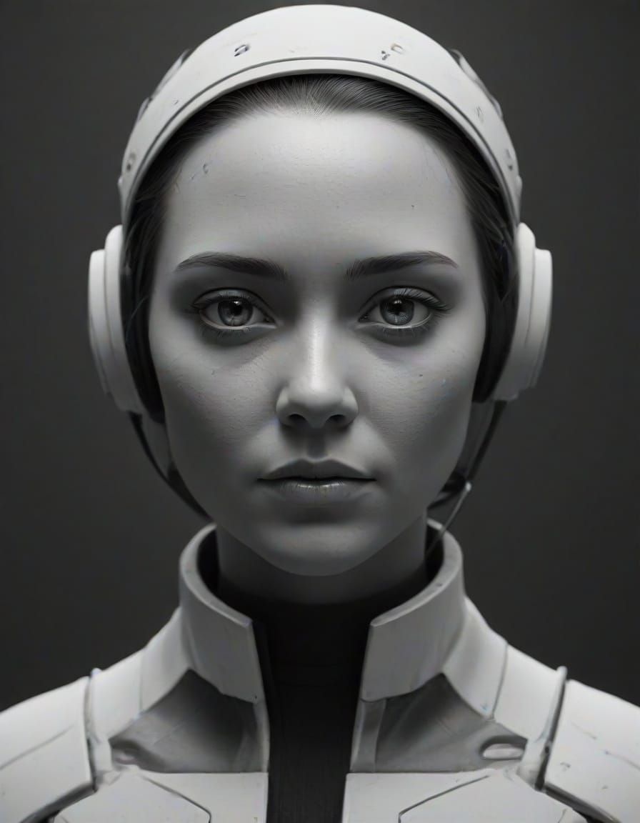 Emotionless Humanoid in Grayscale Tech Suit