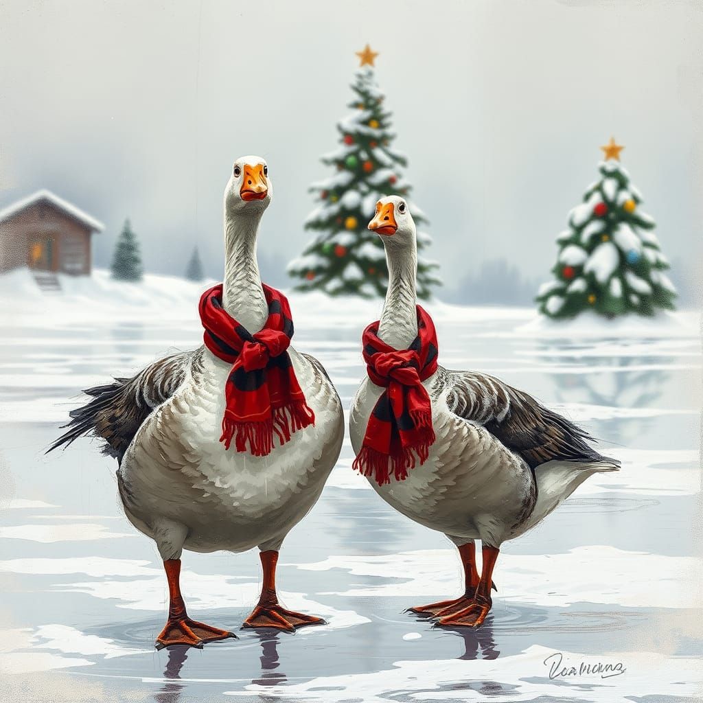 Geese in Icy Landscape: A Gritty Oil Sketch