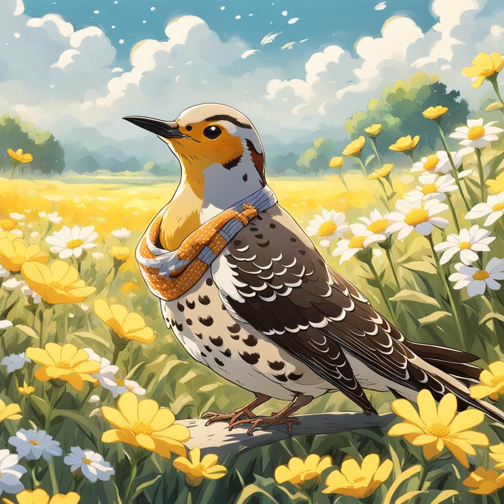 Northern Flicker Bird in Field, Anime Style