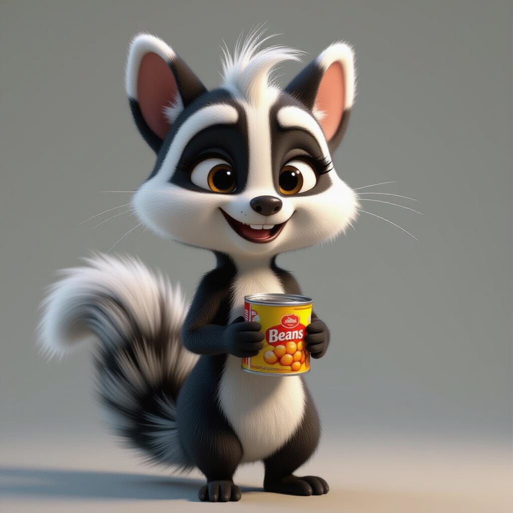 Skunk Girl with Beans: Pixar-Style 3D Art
