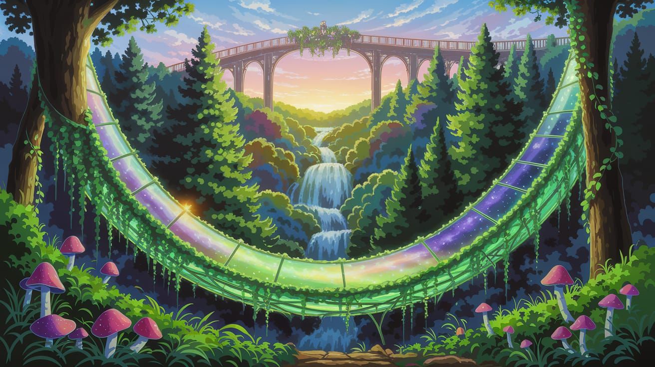 Spiral Landscape with Iridescent Glass Bridge in Impasto Sty...