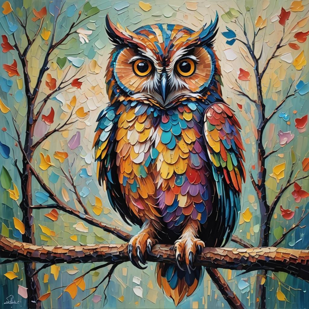 Funny Owl in Expressionist Neo-Impressionism Style
