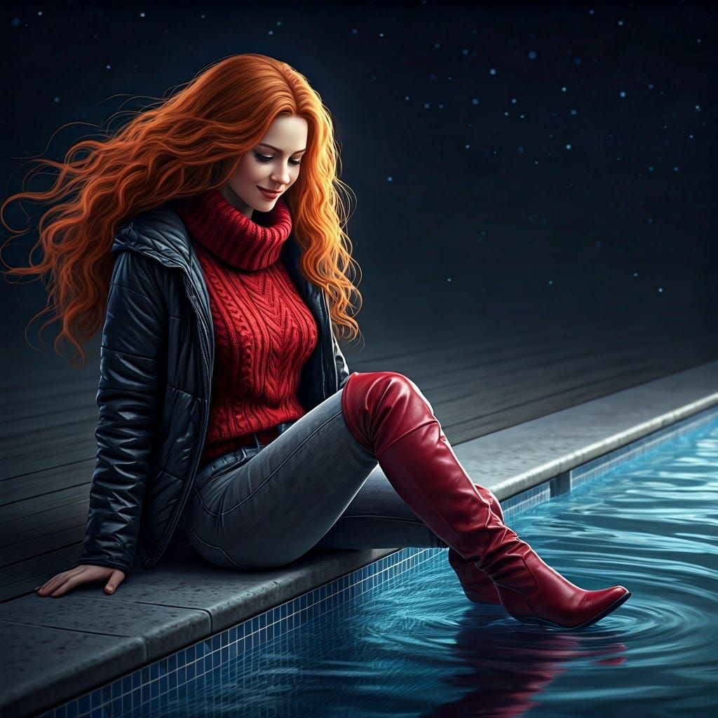 Glowing Woman Basks in Pool's Serene Moonlit Glow