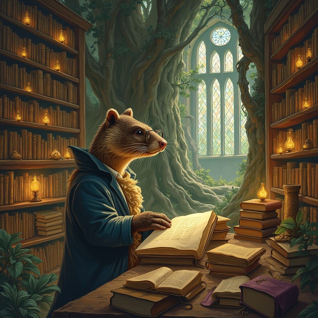 Badger Scholar in Sequoia Library, Storybook Illustration