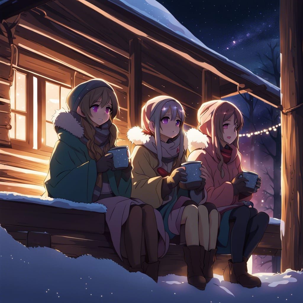 Girls Stargazing at Cozy Cabin in Anime Style