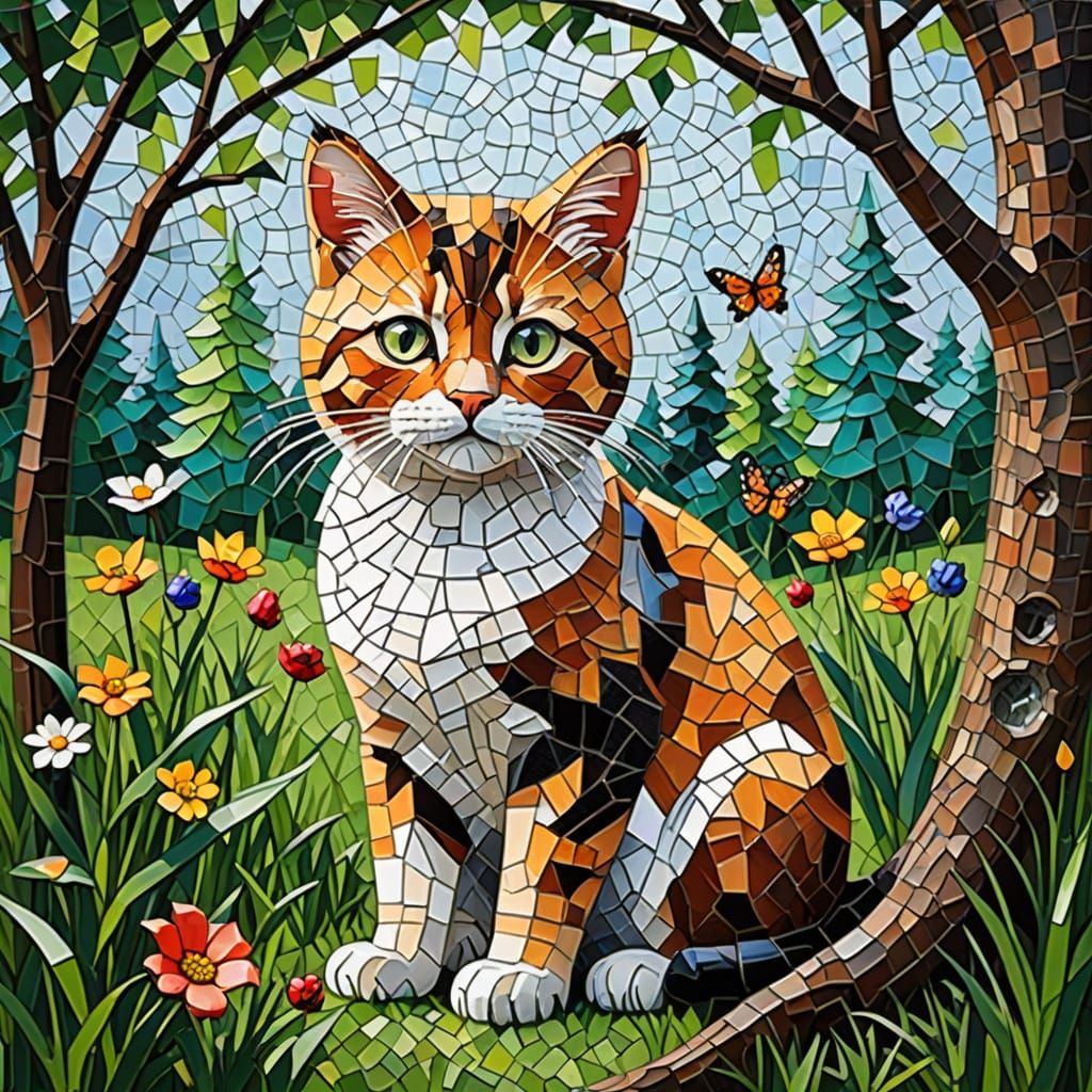 Mosaic Painting of Cat Watching Bird in Sunny Garden