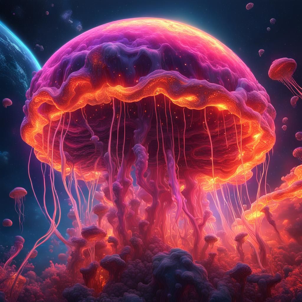 Neon Jellyfish Exploding in Space, Detailed Matte Painting