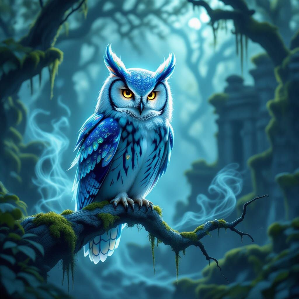 Bioluminescent Owl in Alien Forest, Digital Painting