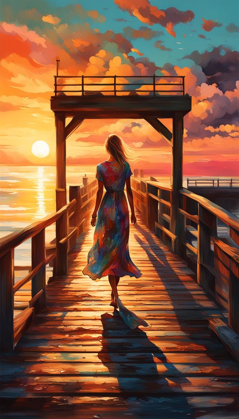 Sunset Pier Walk: Graffiti Art Style